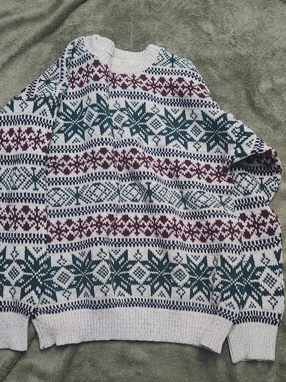 Northwest Territory Fair Isle Crewneck Sweater in Cream, Green & Burgundy